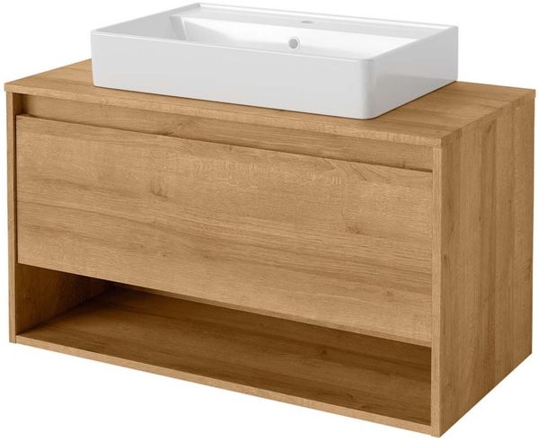 FACKELMANN NATURA Waschbecken mit Unterschrank 94 cm breit, Braun hell, Aufsatzwaschbecken Keramik Weiß