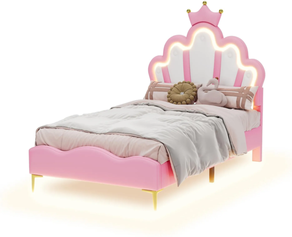 Prinzessinbett mit LED-Beleuchtung, 90x200 cm, höhenverstellbarer Kopfteil, Mädchenbett, Polsterbett für Mädchen, Einzelbett, Kunstleder