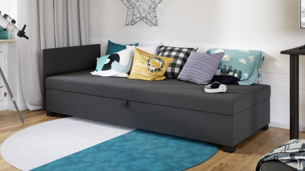 Sofa Misti II - Einzelbett, Schlafsofa mit Bettkasten, Bettsofa, Farbauswahl, Bettgestell, Komfortbett, Bett für Jugendzimmer, Schlafmöbel (Graphit (Lux 06))