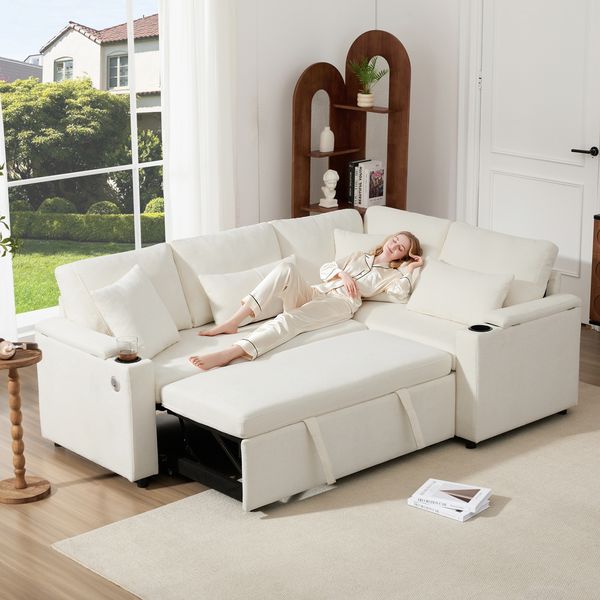 Ecksofa mit Récamiere rechts & Schlaffunktion,Ausziehbares Schlafsofa mit Stauraum, USB-Anschluss & 4 Kissen, Chenille Bezug