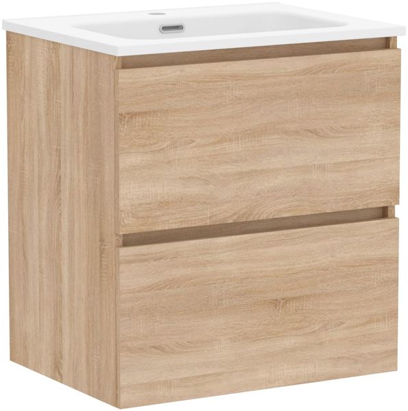Baikal Badmöbel Klay, montiert, 2 Schubladen mit Waschbecken, Badezimmerschrank, Keramikwaschbecken, 60 cm, Bardolino