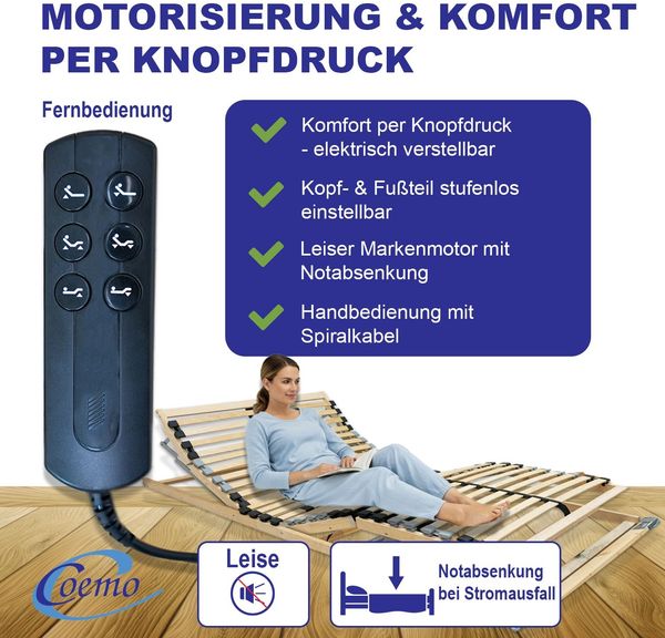 Coemo Lattenrost 'ERGO KF MOTOR', Kopfteil & Fußteil motorisch verstellbar, elektrischer Lattenrost stufenlos verstellbar, Not-Aus, 70x200 cm Bild 2