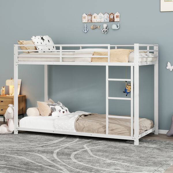 Etagenbett 90×200 cm mit Rausfallschutz und Leiter, Metall Weiß, ohne Matratze
