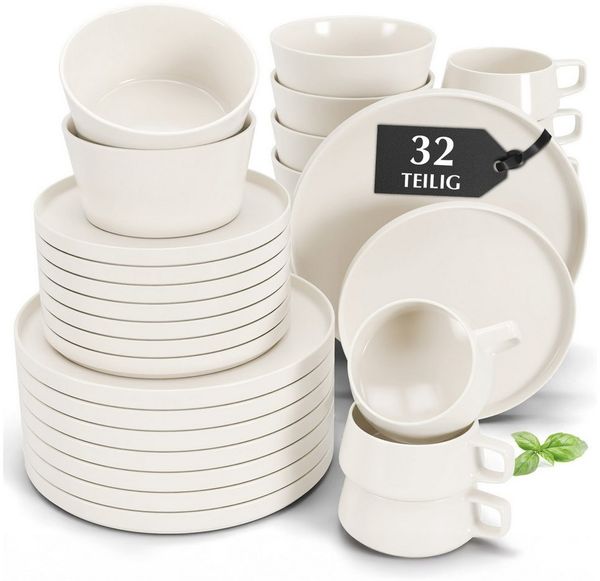 MiaMio Geschirr-Set Luxe Weiß (32-tlg), 8 Personen, Ceramic New Bone China