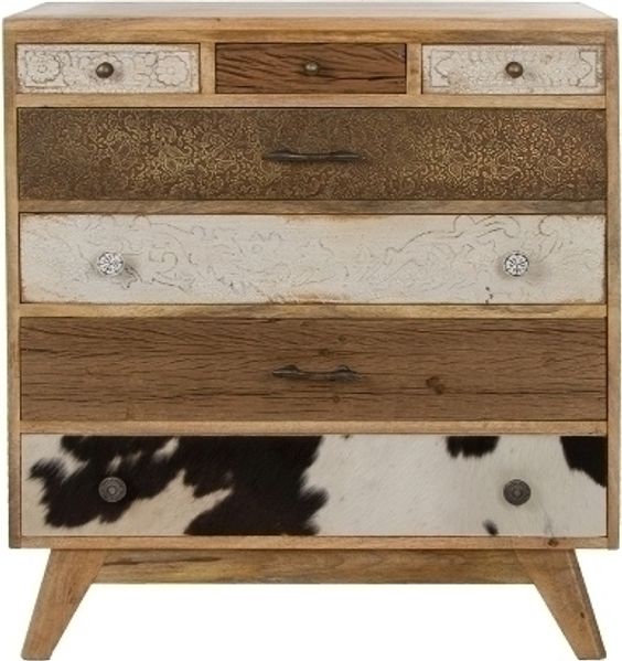 Kommode Neelu 70 x 30 x 80 cm Tannen-Holz Natur mit 7 Schubladen und Frontdekor