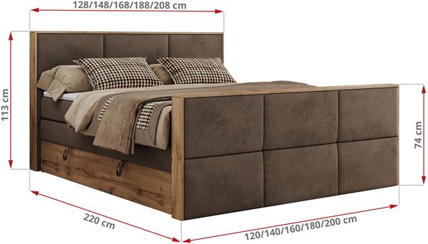 Doppelbett, Boxspringbett mit zwei Multipocket-Matratzen und ein Topper, Bettkästen, Eiche Wotan Holzrahmen, genähtes Kopfteil und Front - ALBERO 2 KING DUO - 180 x 200 cm - Braun Velours - H4 Bild 6
