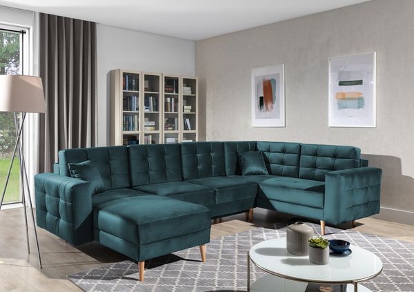 Wohnideebilder 'Asgard U' Ecksofa mit Schlaffunktion und Bettkasten, 320x90x202 cm, Türkis