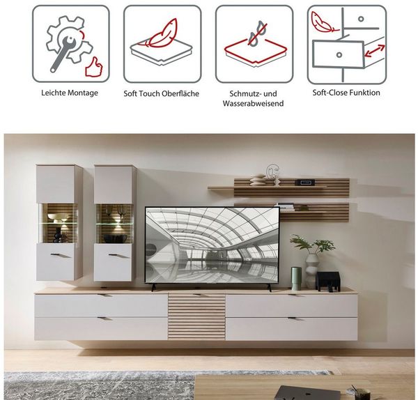 Stella Trading INA Wohnwand Komplett-Set in Kaschmir, Riva Eiche Optik FSC-Zertifiziert - Moderne Schrankwand 7-teilig mit LED-Beleuchtung für Ihr Wohnzimmer - 340 x 185 x 44 cm (B/H/T)