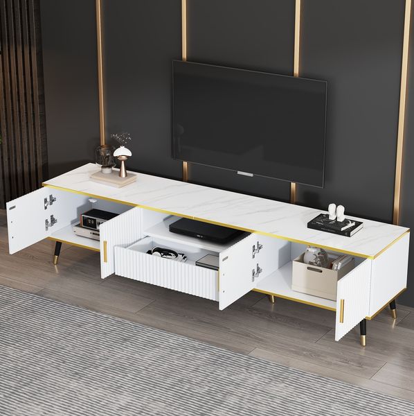 TV-Schrank 200 x 40 x 46 cm mit Schublade und Türen – moderner Wohnzimmerschrank in Weiß mit Marmoroptik