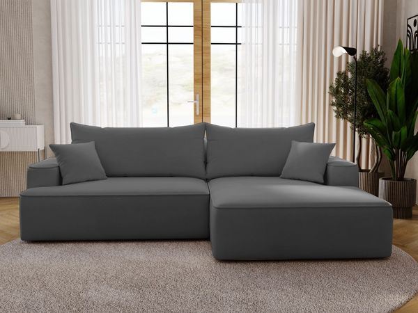GRAINGOLD Ecksofa California, Sofa mit Schlaffunktion, Bettkasten, Eckcouch L-Form, Velour-Stoff, Grau, Rechts