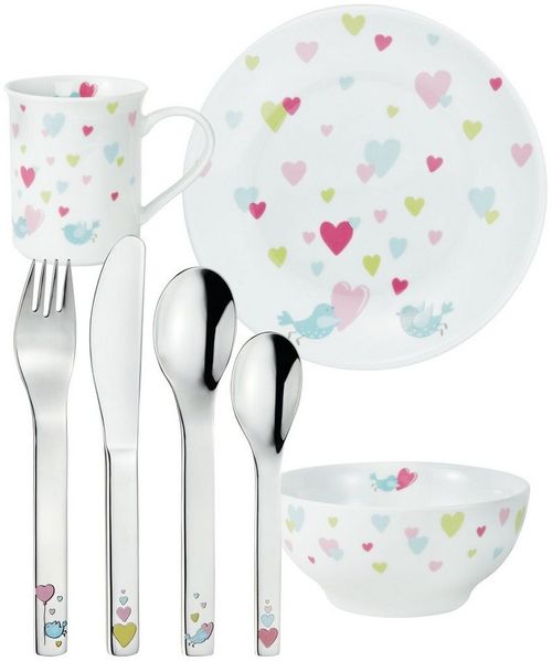 PURESIGNS Kindergeschirr-Set CORA (7-tlg), 1 Personen, Edelstahl 18/10, Porzellan, Plastikfreier Essgenuss für die Kleinen