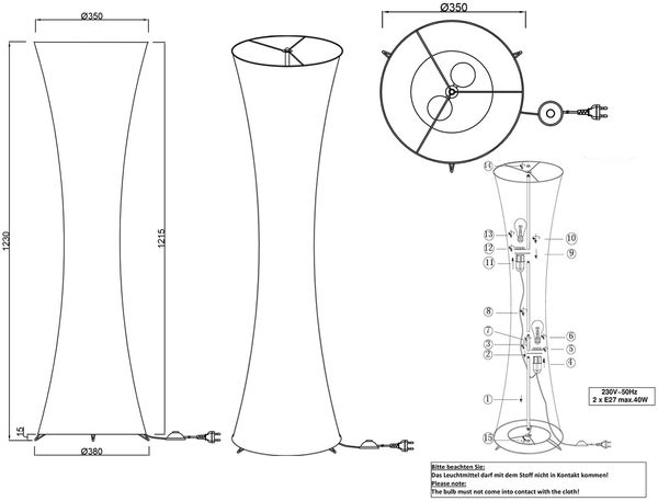 Kleine LED Stehleuchte Lichtsäule aus Stoff in Weiß Zylinder, Höhe 123cm Bild 6
