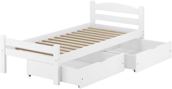 Weißes Einzelbett Buche massiv 80x200 Bettgestell und wählbare Ausstattung V-60.45-08WRollrost und Doppelbettkasten inkl.