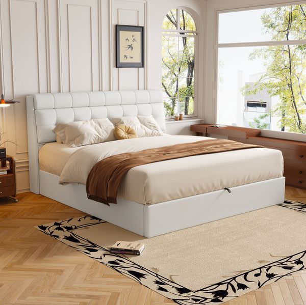 Polsterbett 140x190 cm mit hydraulischem Stauraum – Bett aus PU in Weiß mit Lattenrost