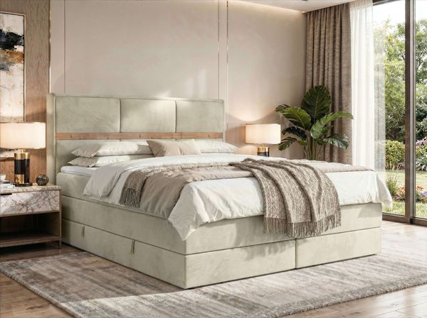 Doppelbett Boxspringbett ORVO KING 140x200 cm mit Stauraum, Multipocket-Matratze und Pocket 7 Härtezonen, H4, zwei Bettkästen - Topper Visco - Beige Velvet