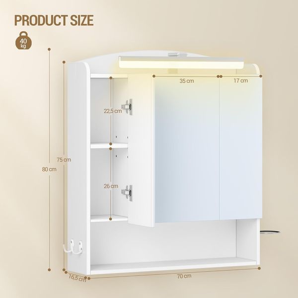 Spiegelschrank Bad mit Beleuchtung, 16,5 x 70 x 80 cm, Badezimmerschrank mit Spiegel, Föhnhalterung und Haken, mit Stecker, Verstellbare Regale, Weiß Bild 8