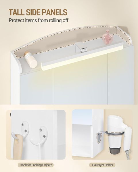 Spiegelschrank Bad mit Beleuchtung, 16,5 x 70 x 80 cm, Badezimmerschrank mit Spiegel, Föhnhalterung und Haken, mit Stecker, Verstellbare Regale, Weiß Bild 7