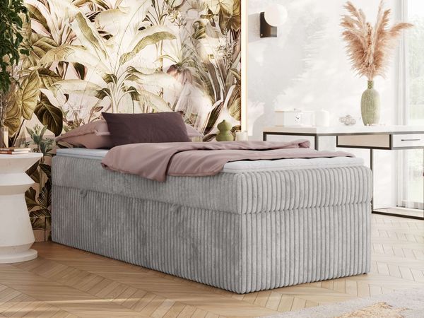 Boxspringbett 90x200 Polsterbett ZERO 90 Einzelbett ohne Kopfteil, inkl. Stauraum & Multipocket-Matratze, Hotelbett - Hellgrau Cordstoff - H3 - Topper Visco