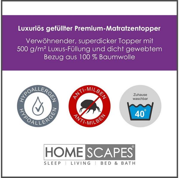 Homescapes, Topper Premium Matratzen-Topper 90 x 190 cm aus dicht gefüllter Baumwolle, 3 cm hoch