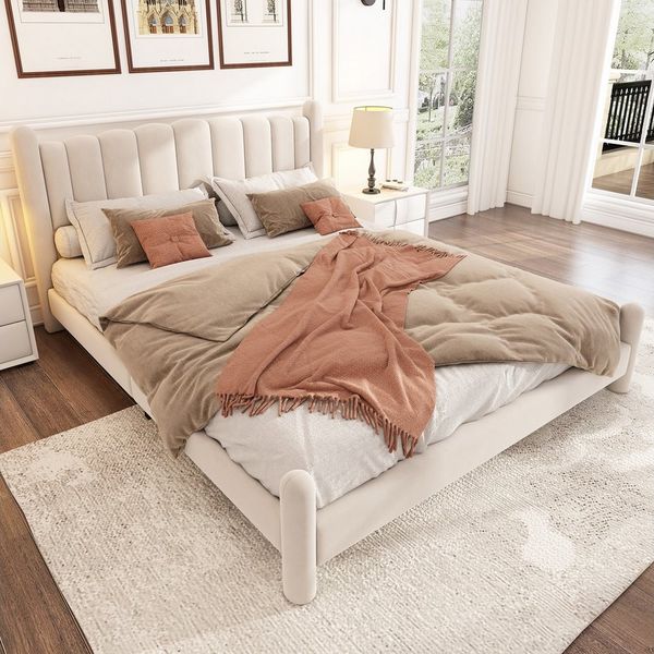 HAUSS SPOLE Polsterbett 180x200cm mit fächerförmigem Kopfteil, Stützbeine,Samt, Beige (ohne Matratze), Zylindrische Stützbeine,Doppelbett aus Samt,180*200cm