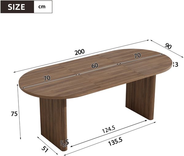 Merax Ausziehbarer Esstisch 140/200 * 90 cm, geeignet für 6–8 Personen, Esstisch mit abgerundeten Ecken, verdickte Tischplatte, ausziehbarer Esstisch im einfachen Stil, Nussbaum Bild 4