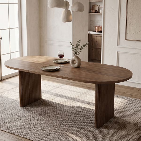 Merax Ausziehbarer Esstisch 140/200 * 90 cm, geeignet für 6–8 Personen, Esstisch mit abgerundeten Ecken, verdickte Tischplatte, ausziehbarer Esstisch im einfachen Stil, Nussbaum