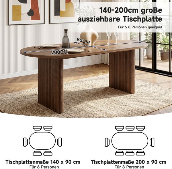 Merax Ausziehbarer Esstisch 140/200 * 90 cm, geeignet für 6–8 Personen, Esstisch mit abgerundeten Ecken, verdickte Tischplatte, ausziehbarer Esstisch im einfachen Stil, Nussbaum Bild 6
