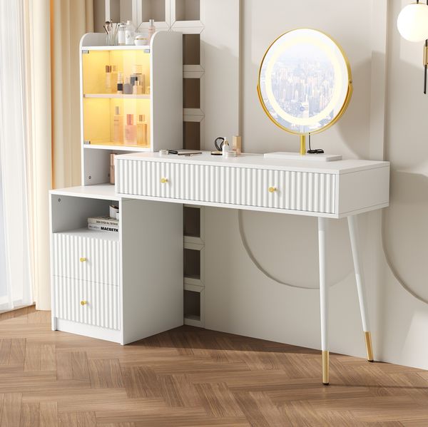 Schminktisch 100 x 40 x 125 cm, weiß, mit LED-Spiegel, 4 Schubladen und beleuchteter Glasvitrine
