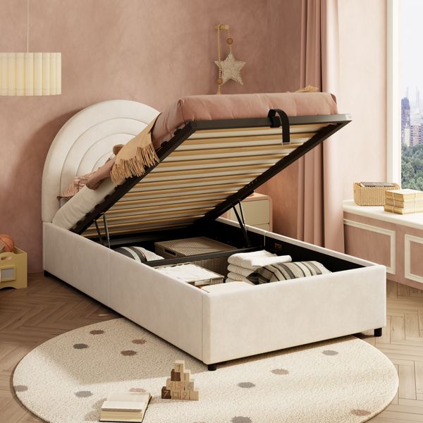 Polsterbett Samt mit Stauraum & Lattenrost, 90x200 cm, Beige, ohne Matratze
