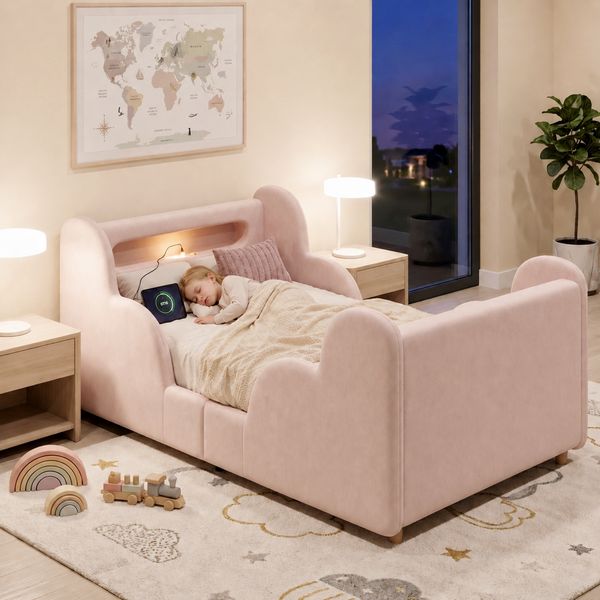 Kinderbett 90 x 200cm, Polsterbett, Einzelbett, mit Schutzgeländer, mit Nachtlicht und USB-Ladeanschluss und Ablagefächern, Bettbeine aus Massivholz, samt, rosa