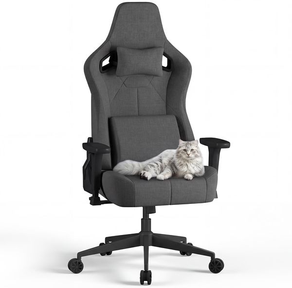 JUMMICO Gaming Stuhl aus Stoff mit Rennsitz, Komfort Bürostuhl Ergonomisch mit 3D-höhenverstellbaren, Schreibtischstuhl Neigefunktion (90°-135°), Belastbarkeit 200 kg, Grau