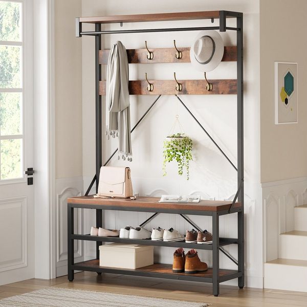 GarveeMore Garderobenständer 4-in-1 mit Sitzbank,3 Etagen Ablage und 8 Haken,183cm, mit Schuhbank,verstellbare Füße,Kleiderstange,101x40x183cm