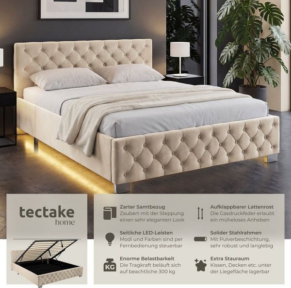 tectake Polsterbett Komfortbett mit LED-Leisten & Stauraum - Samtoptik mit Steppmuster (Bettset, in Samtoptik Sand), stabiler Stahlrahmen, Belastbarkeit 300 kg