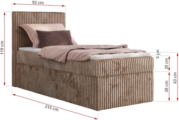 Boxspringbett TILIANO 90x200 Cord inkl. Bettkasten, Einzelbett 7-Zonen Multipocket-Matratze & Topper, Modernes Design mit hohem Kopfteil - Braun Cordstoff - H4 - Topper T25 Bild 4
