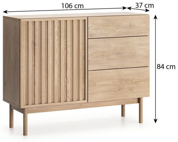 Beautysofa Kommode SAPPORO im Japandi-Stil (Push-to-Open-Funktion, mit 3 Schubladen und 1 Tür), Lamellenfront