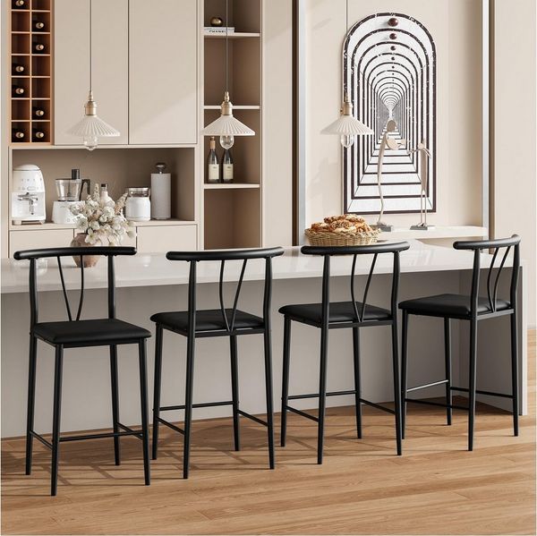 GarveeMore Barhocker mit U-förmiger Rückenlehne & schwarzes Metallgestell (4 St), PU-Leder Sitzfläche, Sitzhöhe 64 cm, Gesamthöhe 95 cm