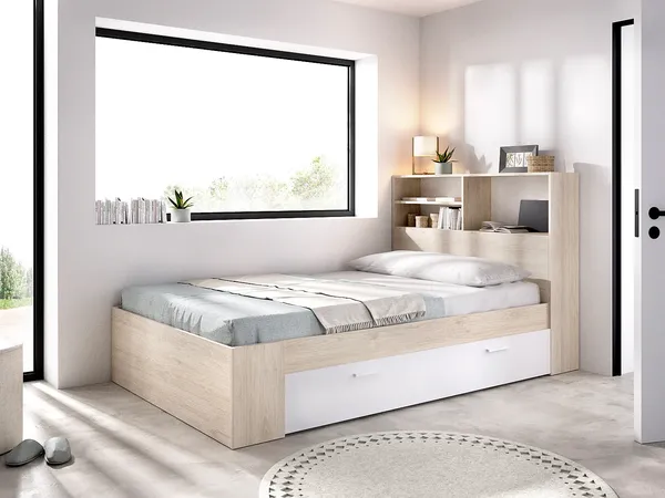 Vente-unique - VARDIEL Bett Holz, Platte BeigeWeiß - B 127,4 cm x H 110 cm x L 217,6 cm