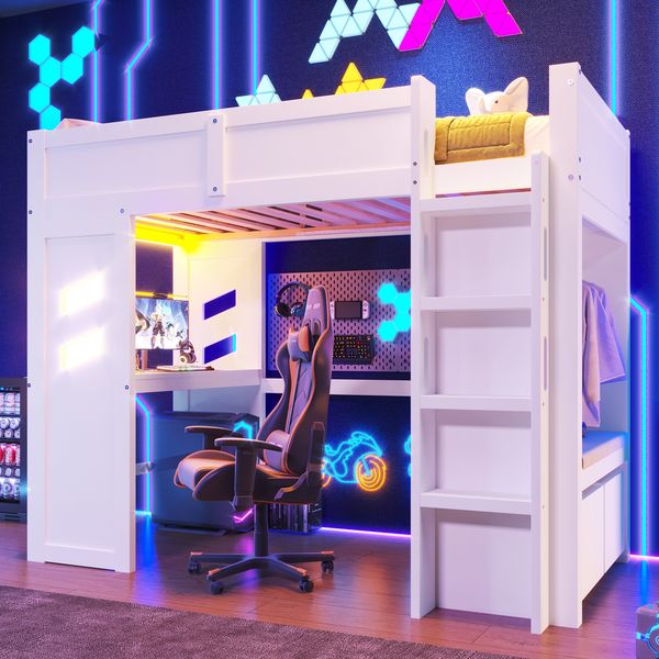 Hochbett 90×200 cm mit Schreibtisch, LED und Leiter, Weiß, ohne Matratze