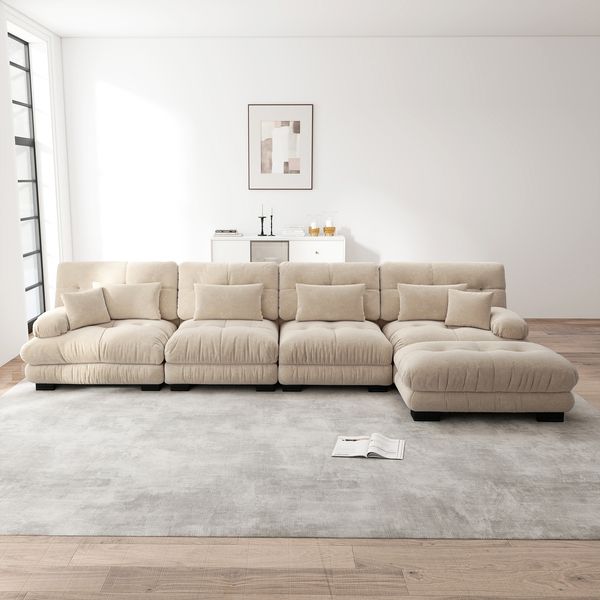 4-Sitzer Wohnlandschaft H 81 x T 406 x B 145 cm aus Chenille, modular erweiterbar, mit beweglichen Ottomanelementen