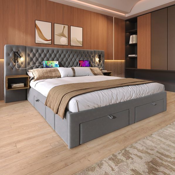 Polsterbett 160x200 cm mit 2 Nachttischen, 4 Schubladen, Leselicht, USB/Type-C und Matratze – Samt in Grau