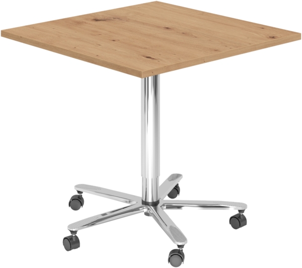 bümö Säulenhubtisch höhenverstellbar, Stehtisch Büro, Bistrotisch eckig 80 x 80 cm - Besprechungstisch Asteiche, Stehtisch Holz-Platte, Säule aus Metall verchromt, Säulentisch, Hochtisch, ST88-R-C