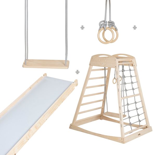 roba Montessori Indoor Spielturm inkl. 2in1 Rutsch- & Kletterbrett, Kletternetz- & Sprossenseite, Schaukel & Turnringen - Geeignet ab 24 Monaten - Belastbar bis 70 kg - Holz natur