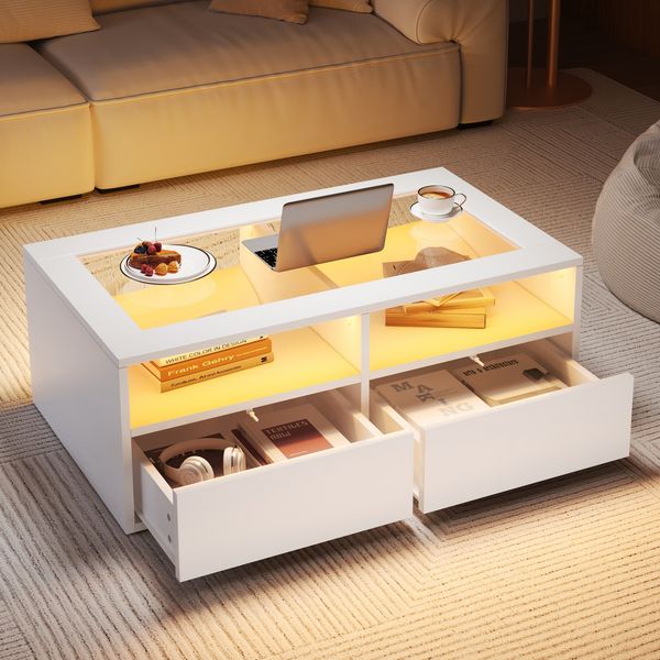 Couchtisch 100 x 50 x 35 cm mit LED-Beleuchtung, 2 Schubladen, Glasplatte und offenem Stauraum, Weiß