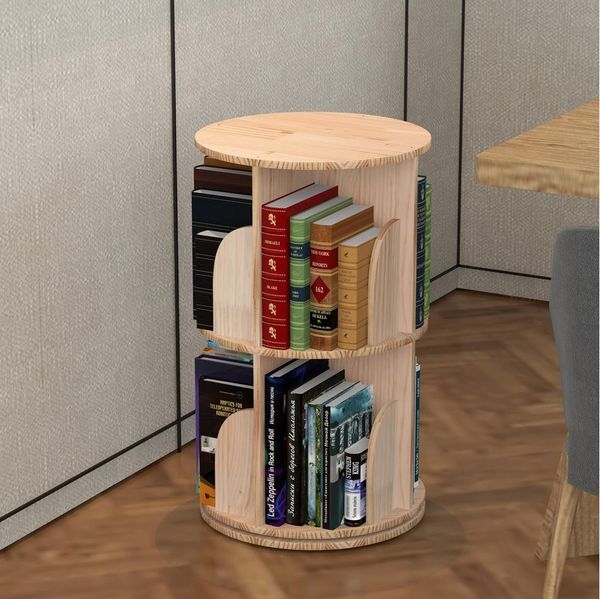 GarveeMore Bücherregal 360 Grad drehendes Bücherregal massives Holz stehendes Regalboden