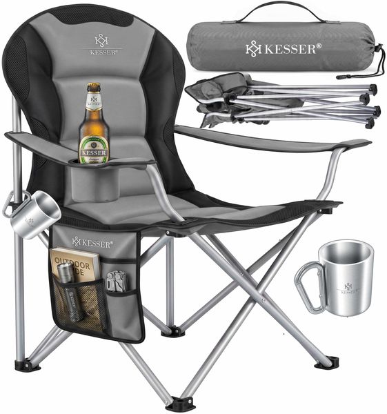 KESSER® Campingstuhl faltbar bis 150 kg Angelstuhl Faltstuhl Klappstuhl Gepolstert mit Armlehnen, Getränkehalter + Tasche mit hoher Rückenlehne, Strandstuhl, Klapphocker Grau / Schwarz