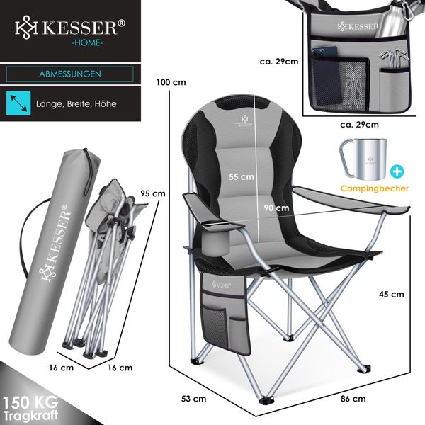 KESSER® Campingstuhl faltbar bis 150 kg Angelstuhl Faltstuhl Klappstuhl Gepolstert mit Armlehnen, Getränkehalter + Tasche mit hoher Rückenlehne, Strandstuhl, Klapphocker Grau / Schwarz Bild 9