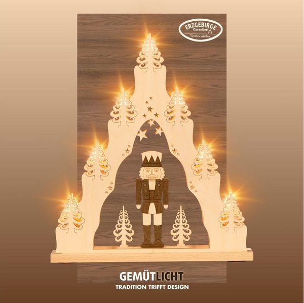 Weigla LED Schwibbogen Nussknacker, Lichterspitze aus Holz, NATUR-BRAUN, Made in Germany, Erzgebirge garantiert, Weihnachtsdeko Innen, Weihnachtsbeleuchtung