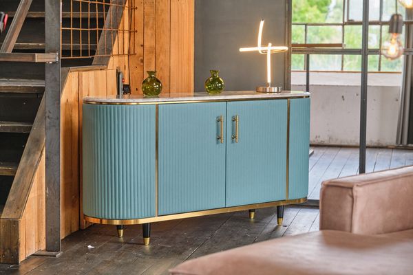 KAWOLA Sideboard MARIA Marmorplatte Kunstleder hellblau 76 x 40 x 150 cm