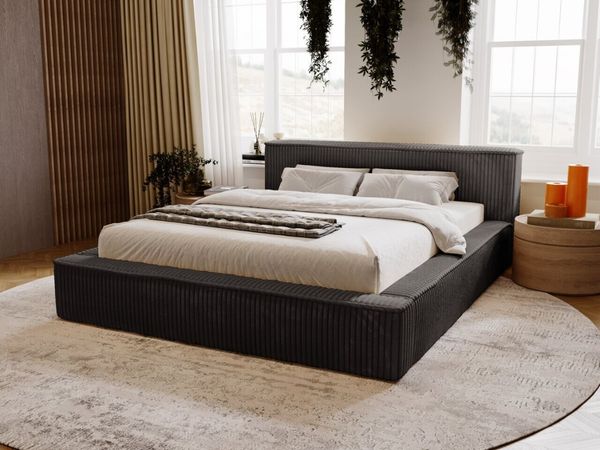 GRAINGOLD Lago Bett 160x200, Polsterbett mit Bettkasten und Kopfteil, Fell-Stoff, Schwarz