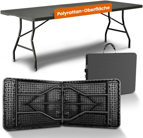NewHabitat Buffettisch klappbar – Gartentisch klappbar aus Polyrattan I Biertisch wetterfest & faltbar I Stabiler Klapptisch für Garten, Festivals, Camping & Outdoor-Events (Schwarz) 180 x75 x75 cm